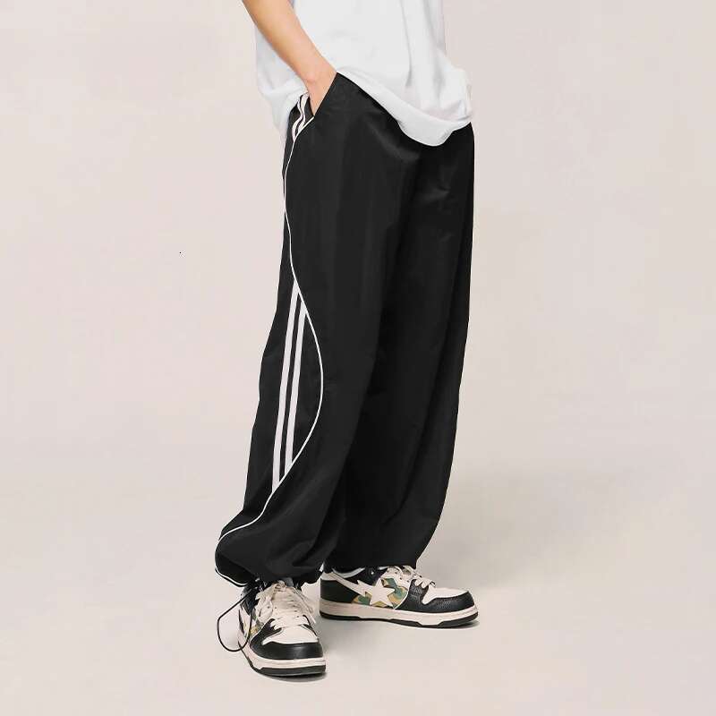 Striped Side Wide Leg Trousers Men Drawstring Waist Sportswear Track Pants