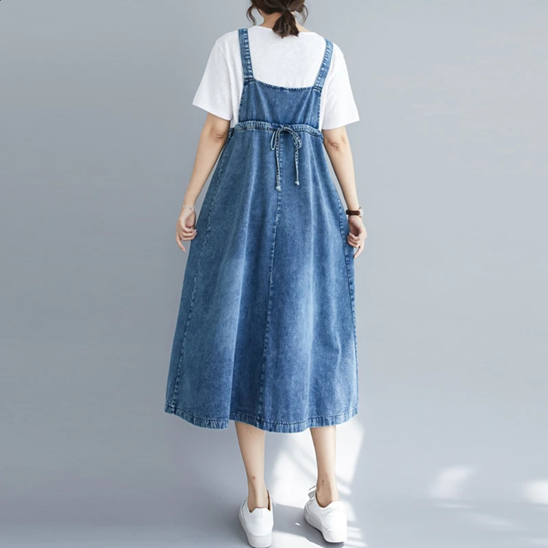 Wxw2107 summer full set spaghetti strap dress retro sleeveless denim loose Aline Midi with pockets 250411
