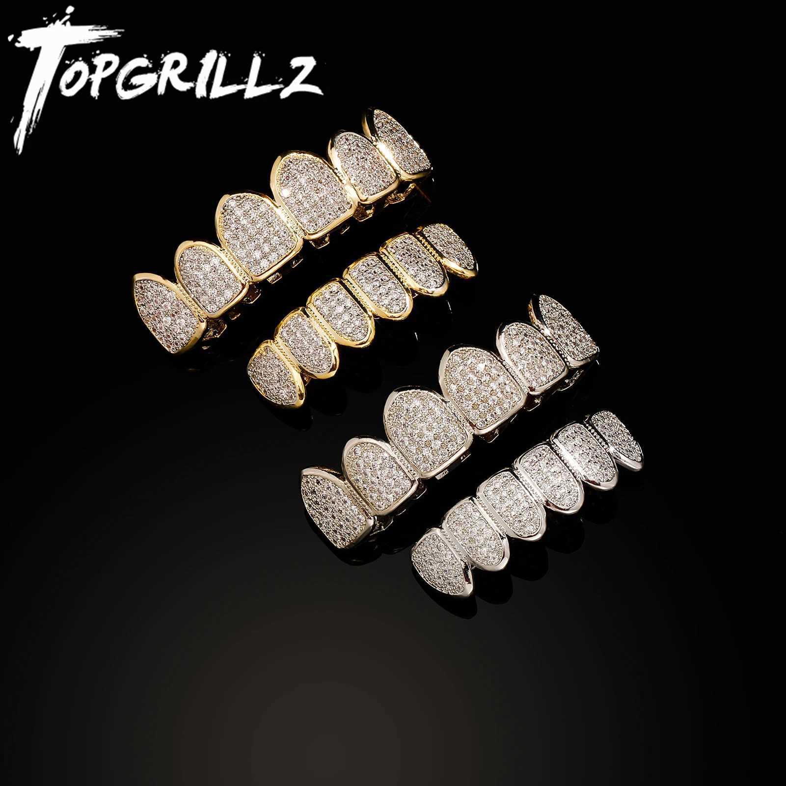 TOPGRILLZ Hip Hop Gold Color Plated Teen Grillz Caps CZ Micro Pave Exclusive Luxury Top and Bottom Gold Grillz Set Shipped from the United States W250
