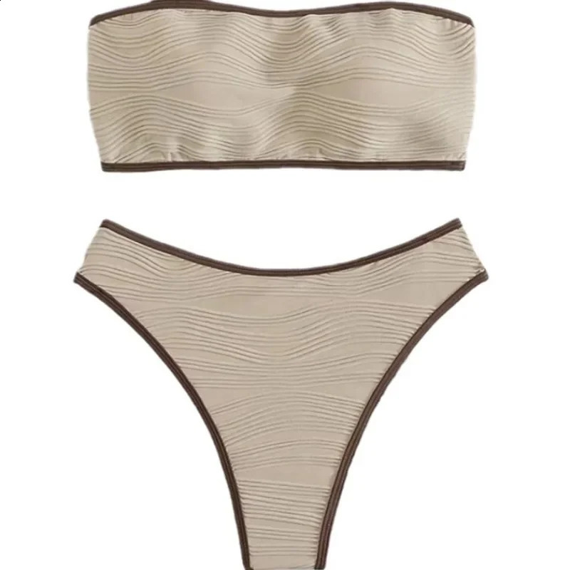 Bandeau Bikini Sexy Women Swimsuit 2025 Light Brown Black Thong Bikinis Set Swimwear Summer Biquini Bathing Suit Beach Wear 250411