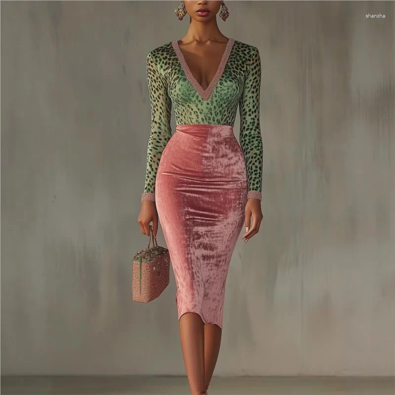 Casual Velvet Bodycon Dress Long Sleeve Patchwork V-Neck - Elegant Autumn Winter Party Evening Chic C260312