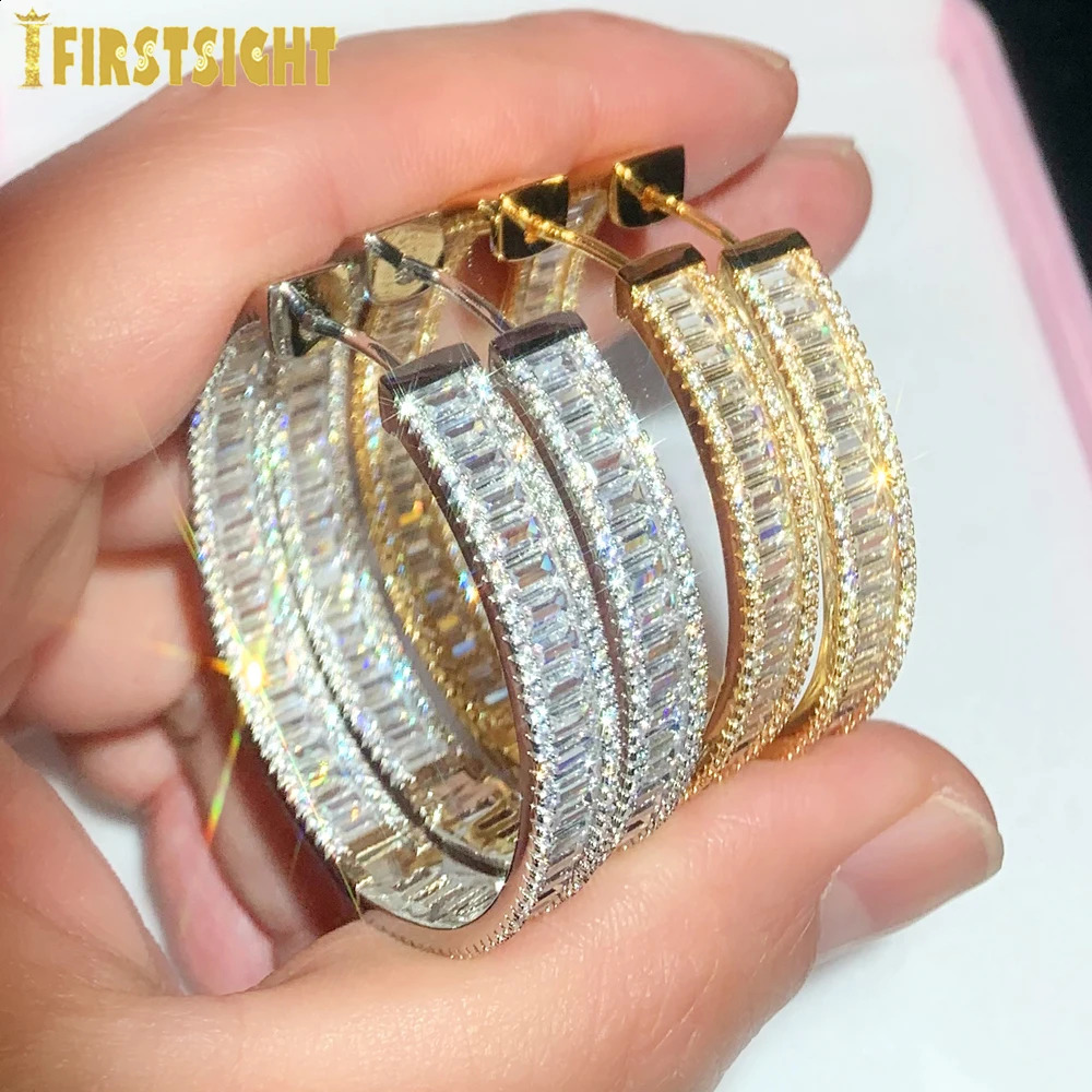 Ice Out Sparkling Rectangular Cubic Zirconia CZ Earrings Classic 45mm Large Circular Ring Earrings Womens Hip Hop Jewelry 250409