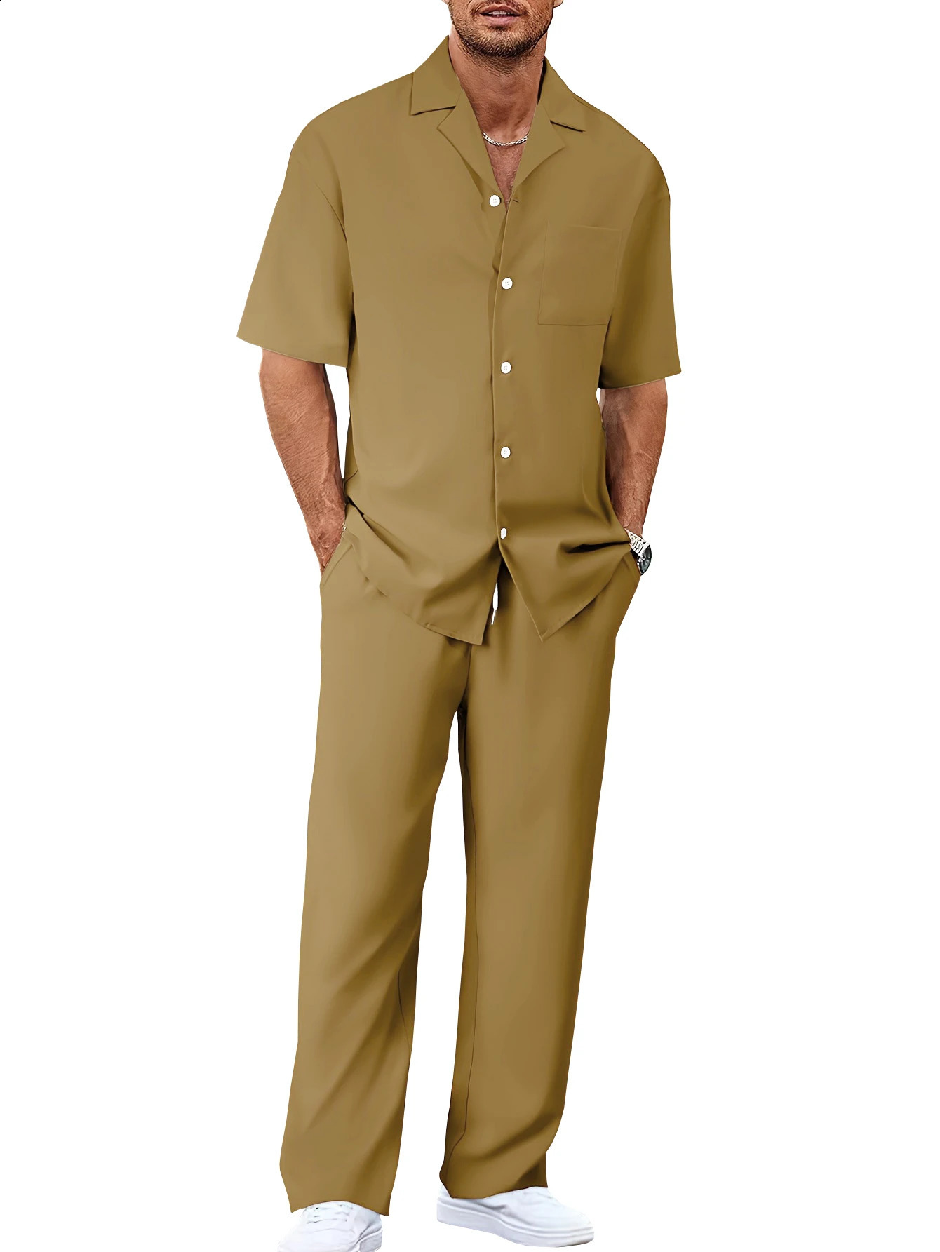 Mens suit collar short sleeved shirtloose straight leg pants set 250411