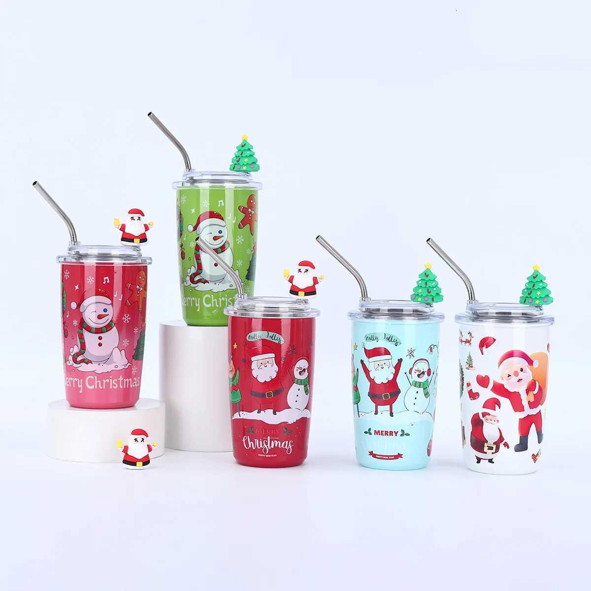 Christmas Christmas Tumblers with Straw 16oz Stainless Steel Christmas Travel Coffee Cup Double Insulated Vacuum Tumbler Santa Claus Mug Y251112