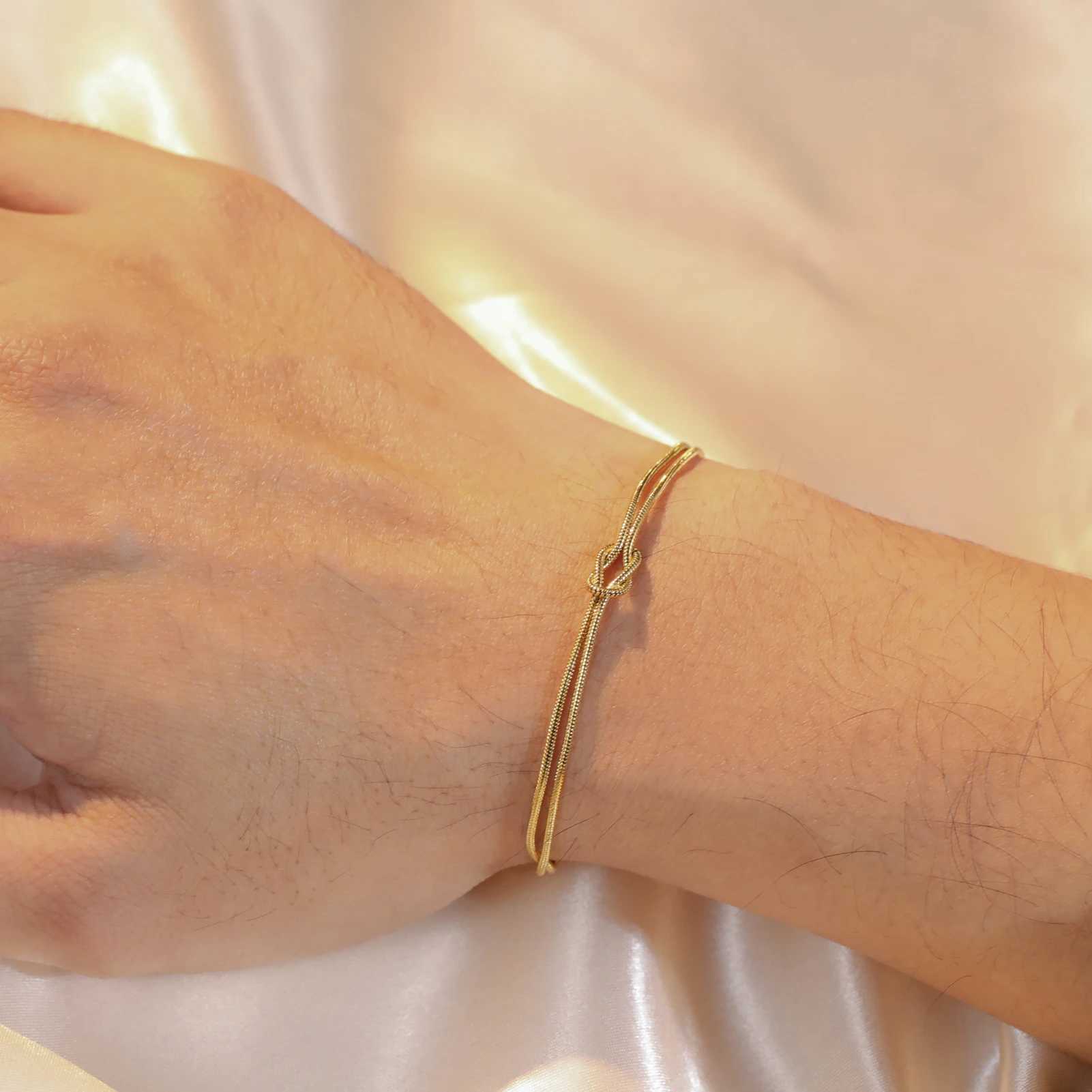 Skyrim Double Snake Chain Love Knot Bracelet Stainless Steel Gold Color Adjustable Bracelets Women Men Couple Minimalist JewelryC250411