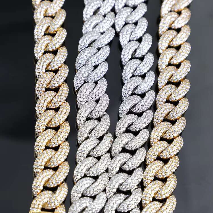 Solid Gold Plated 925 Sterling Silver 13mm-15mm Wide Moissanite Cuban Link Chain Iced Out Necklace for Men for Gifts Parties
