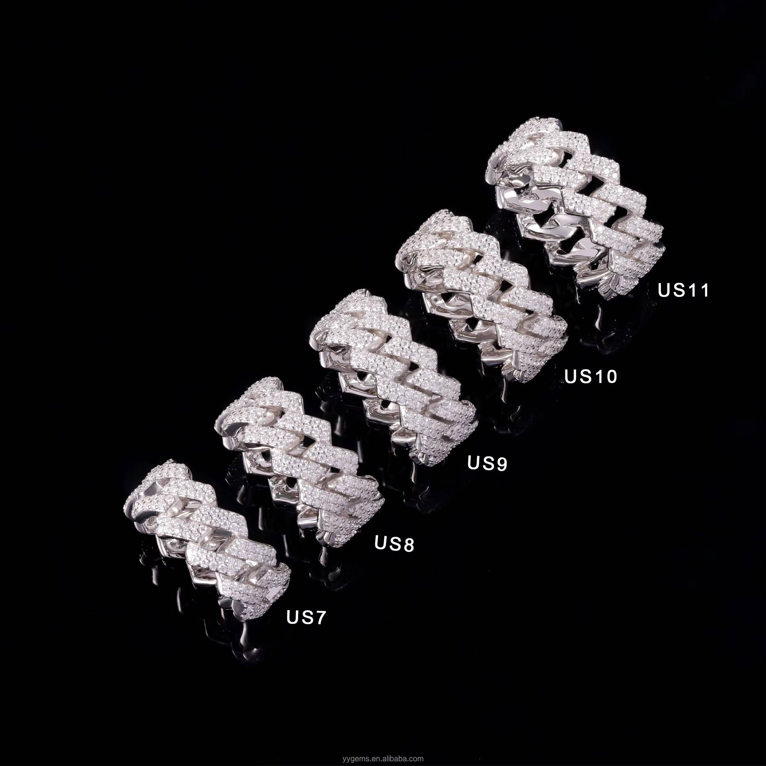 Yu Ying 2rows Moissanite Rings Hip Hop Jewelry 925 Silver Gold Plated Fashion Jewelry Rings Factory Price Men Cuban Rings