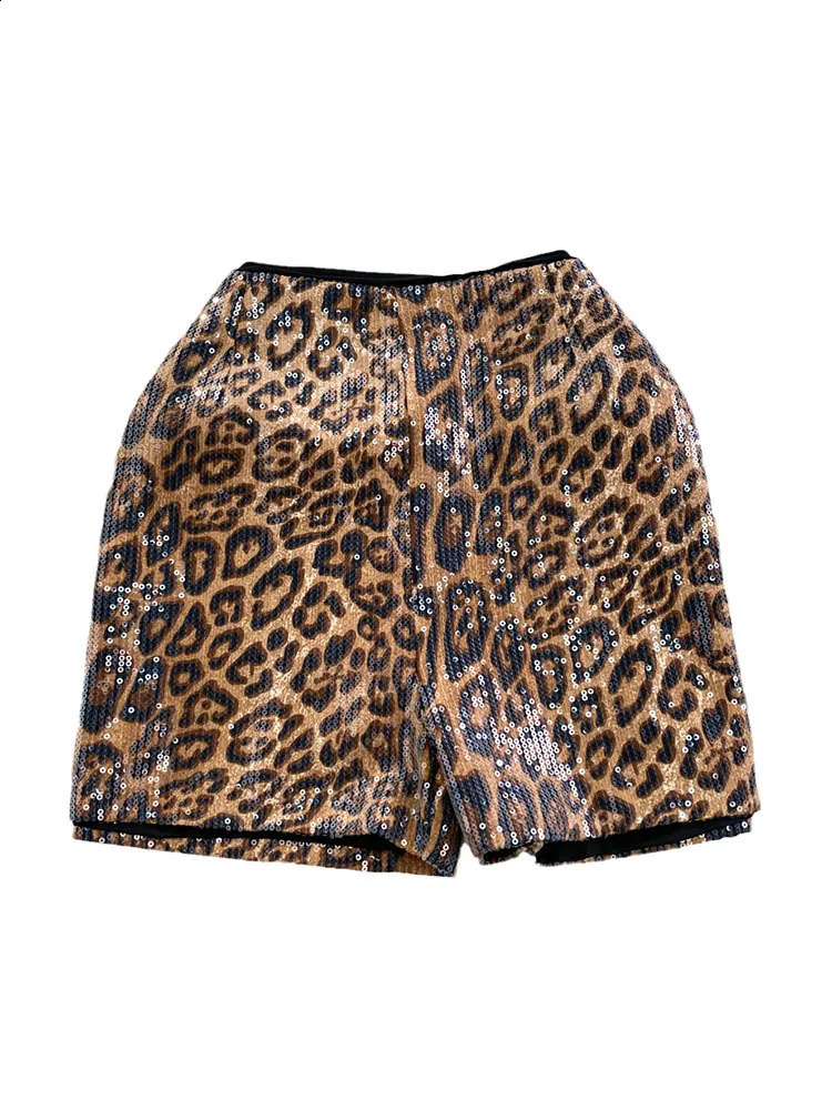 PREPOMP Fashion Sexy Womens Sequins Leopard Short Autumn Collection High Waist Wide Leg Short Pant Female Trendy GM787 250409