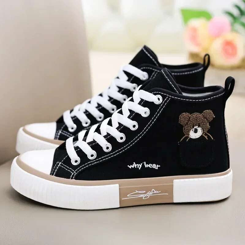 2025 New Women's Canvas Pocket Bear Designer Fashion Sports Shoes Multi functional Women's Vulcanized Shoes High