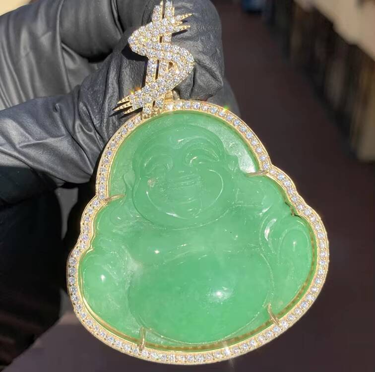 Customized 925 Silver Nature Jade Buddha Statue Pendant 18k Yellow Gold Plated Black White Green With Lab CVD Diamond