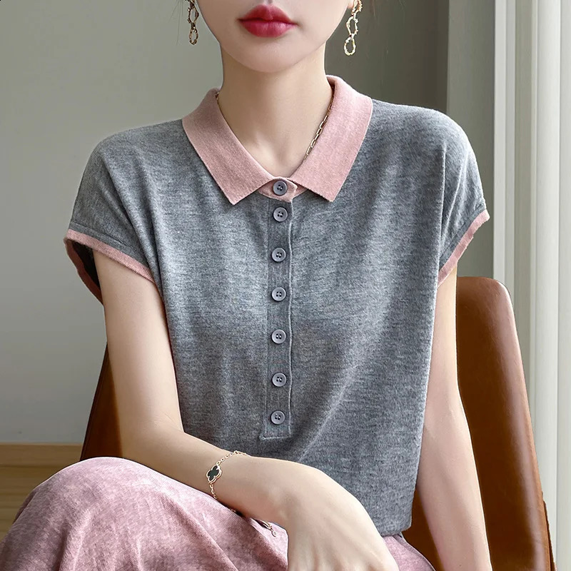 Womens T-shirts Spring/Summer Wool Knit Short Sleeve Casual Stitching Blouse Ladies Clothes Loose Tops POLO Neck Tees 250411