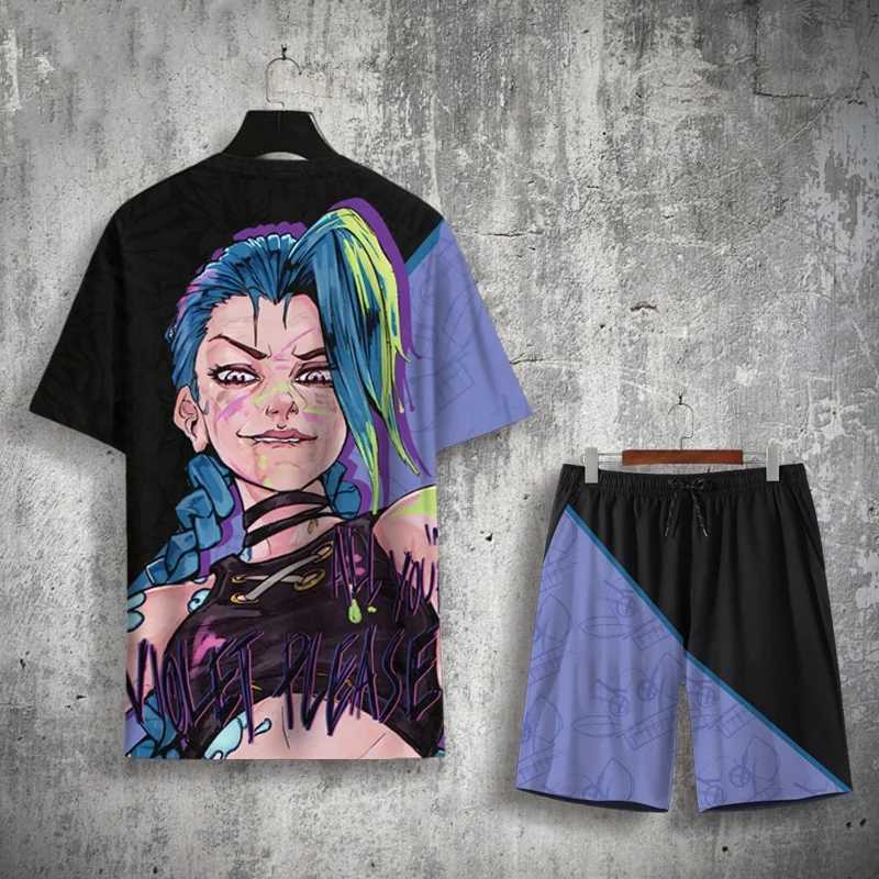 Mens T-shirt and shorts set anime Arcane Jinx 3D printed Tracksuit set plus size sportswear Street TShire two-piece setXJ250412