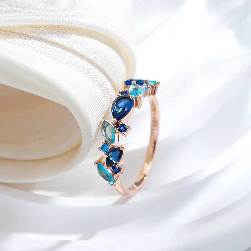 Kinel 585 Rose Gold Womens Ring Luxury Blue Natural Zircon Ethnic Wedding Jewelry Daily Party AccessoriesXJ250412