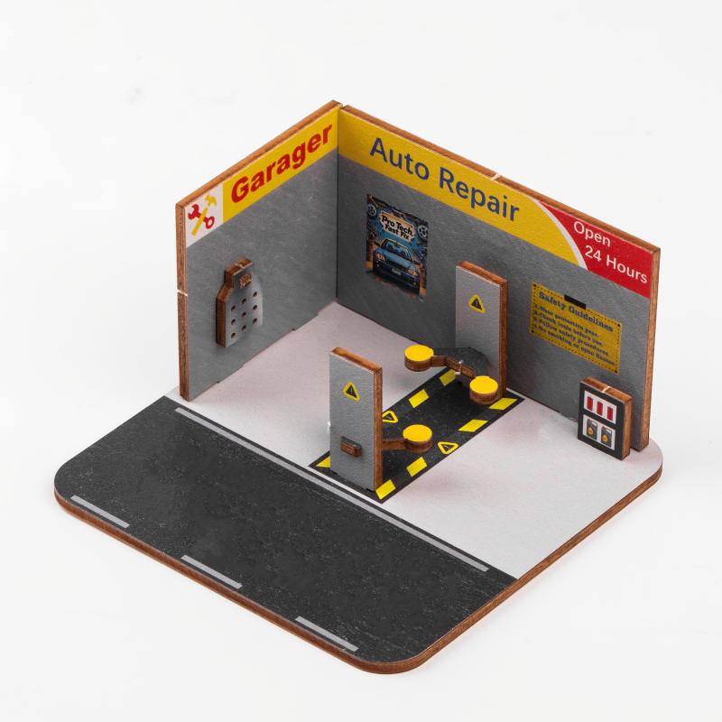 1:64 Auto Repair Shop DIY Assembled Scene, Exquisite Wooden Model for Car Enthusiasts, Customizable Display for 1:64 Scale Model Cars-S1001
