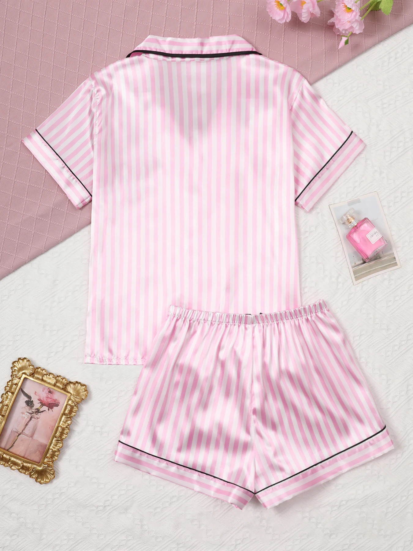 Satin Silk Women Pajamas Set Short-Sleeved Student Homewear Two-Piece Cardigan Lapel Senior Sense of Pink Striped Large Size 250411