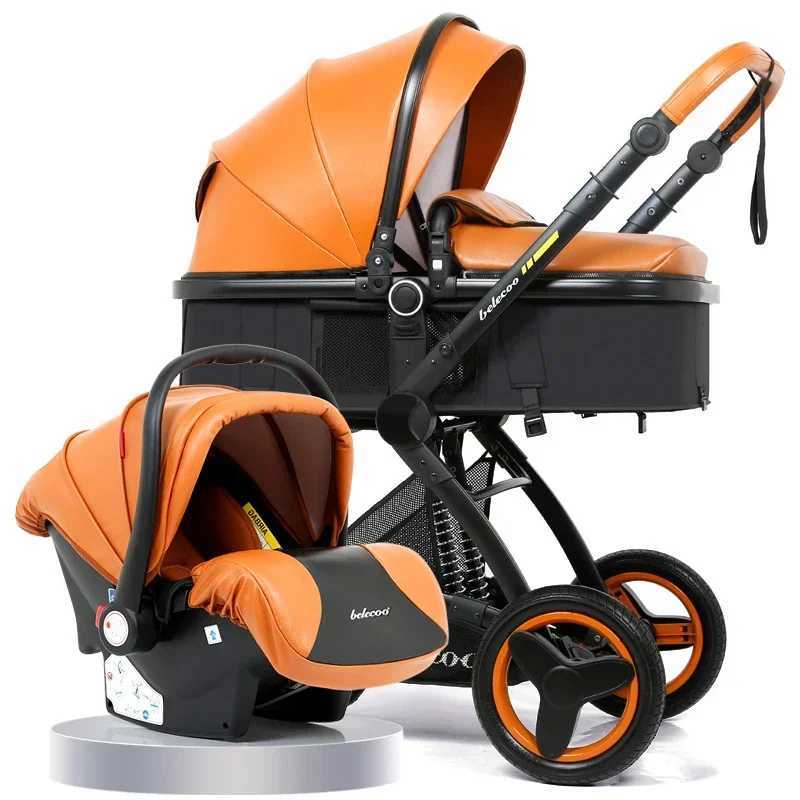 2025 New 3-in-1 Waterproof Pu Leather Luxury Baby Cart with Adjustable Car Seat Handle Mosquito Net Foot Cover W250411
