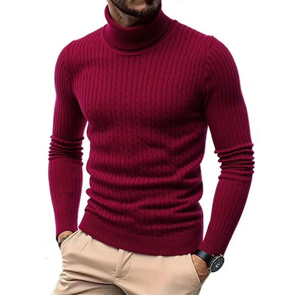 Autumn Winter Mens Turtleneck Sweater Warm Slim Fit Knitted Pullover Jacquard Striped Cozy Soft Knitwear Basic Style 251105