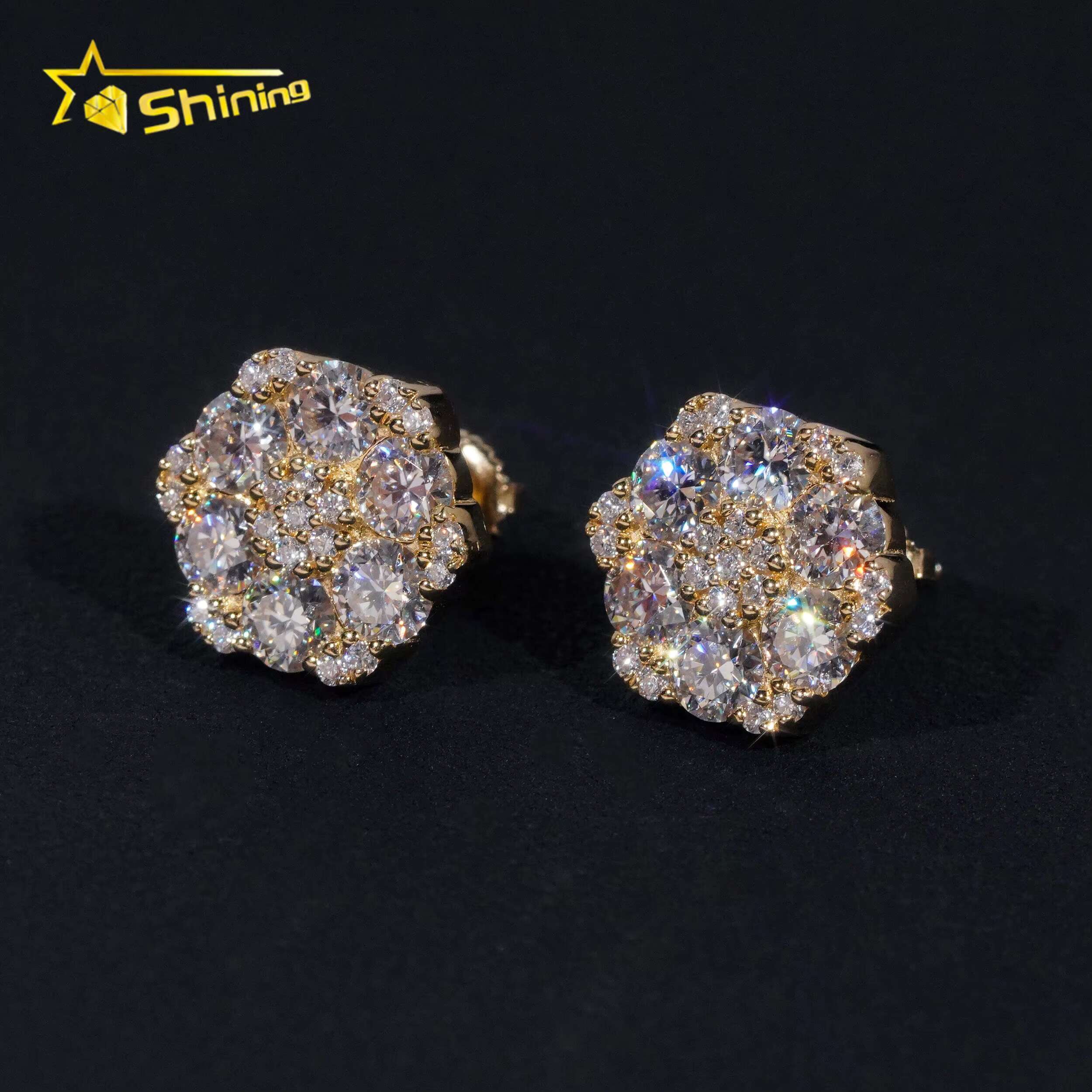 Fine Jewelry Big Luxury Cluster Flower Hip Hop 925 Sterling Silver Moissanite Stud Earrings