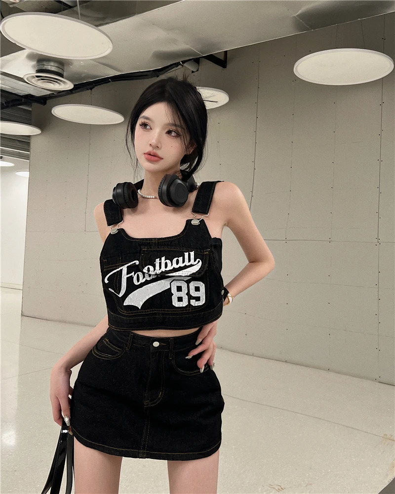 Sweet and Retro Workwear Denim Suit Womens Letter Printing Strap Tank Top Summer Mini Skirt Fashion Two-piece Set 250411