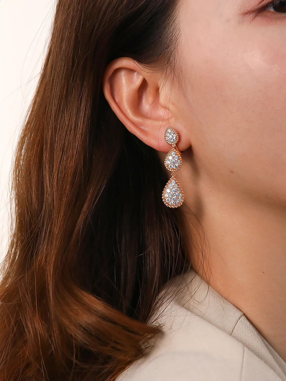 TYYL Classic 3 Water Drop Ear Clip Drop Earrings Stud Party Wedding Long Earring Zircon Ear Cuff Silver Jewelry For Women 250411