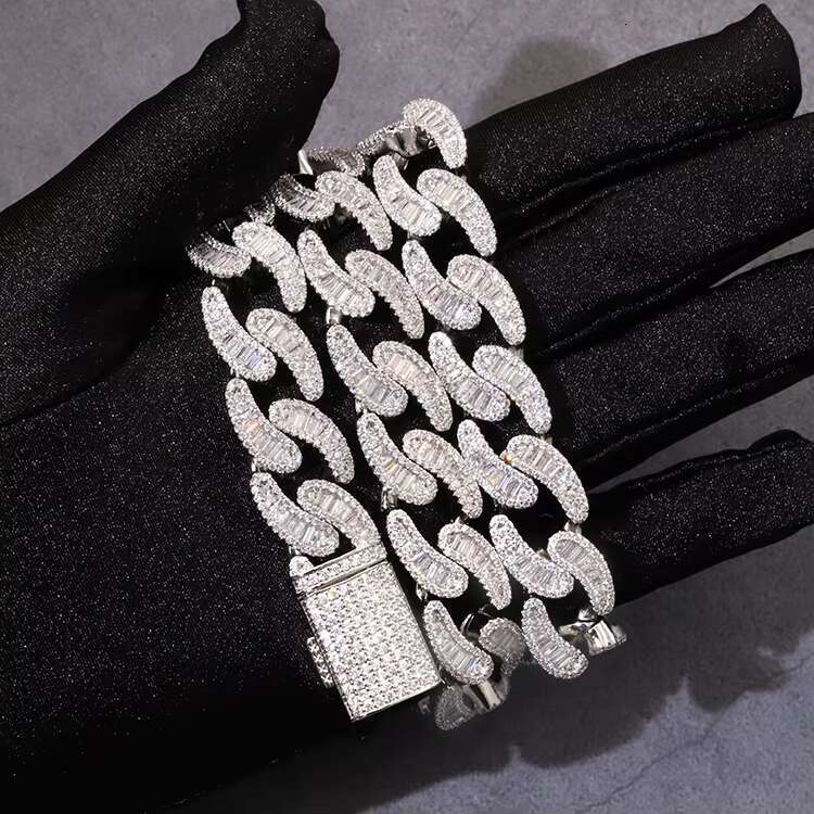 15MM Wide Baguette Moissanite Sterling Silver 925 Plated Real Gold With Vvs Moissanite Diamond Cuban Link Chain for Hip Hop Life