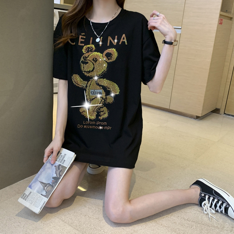 Designer Women's Hot Diamond T-shirt Summer Bear Pattern Black Women's Short Sleeve Combed Cotton Loose Medium To Long Version Instagram Fas