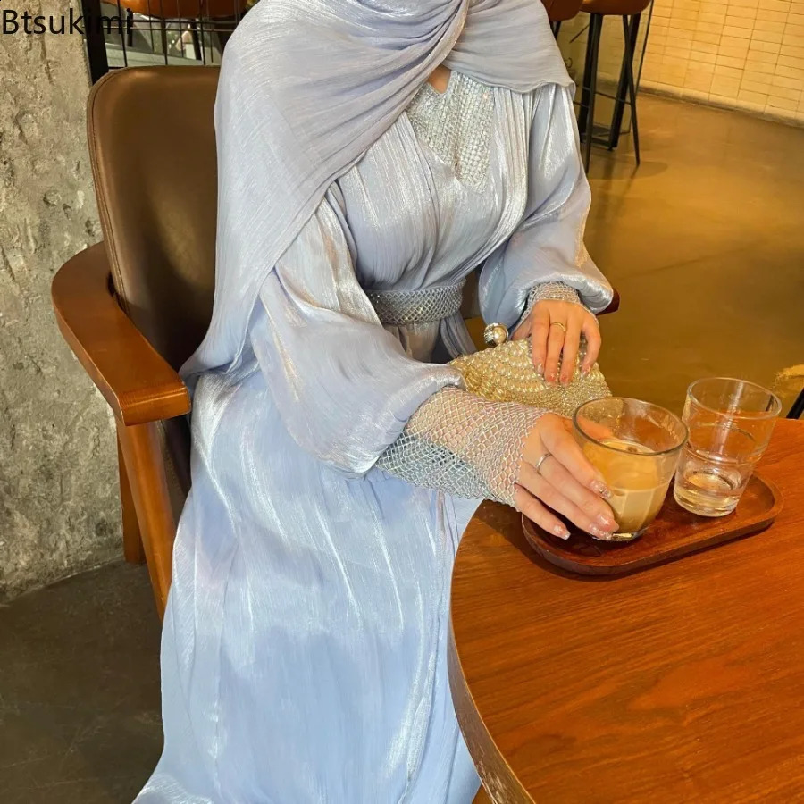 Muslim Fashion Abaya Womens Shiny Diamond Kimono Open Abayas Maxi Dress Jalabiya Ramadan Eid Dubai Evening Kaftan 250411