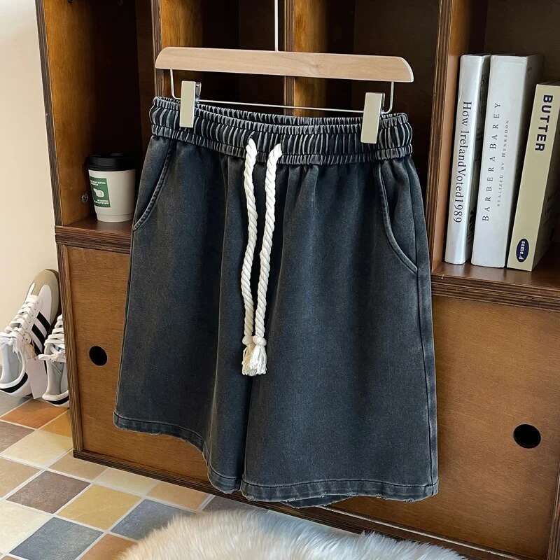 Plus size hip hop summer casual gothic washed men's solid color y2k ins knee-length shorts