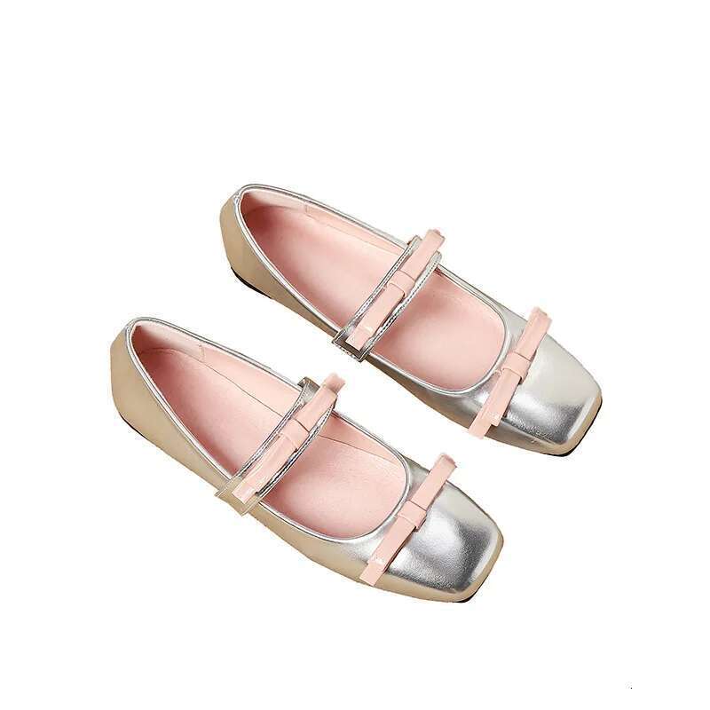New 2024 Fashion Square Toe Glossy Leather Flats Women Double Bowknot Mary Jane Female Ballets Party Shoes Plus Size 44