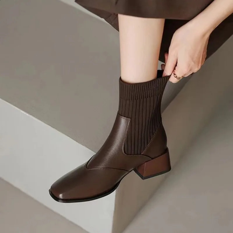 Women Sock Boots Square Toe Spring Autumn Women Casual Chelsea Botines Medium Heel Knitted Brown Black Ankle Boots for Women 250411