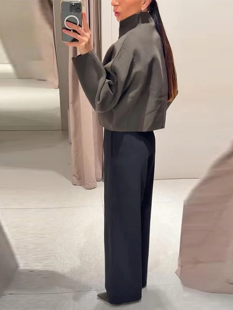 Olive Green Womens Short Coat High Neck Full Sleeve Zipper Up Oversized Cropped Jacket 2025 Autumn Female Daily Casual Outwear 251111