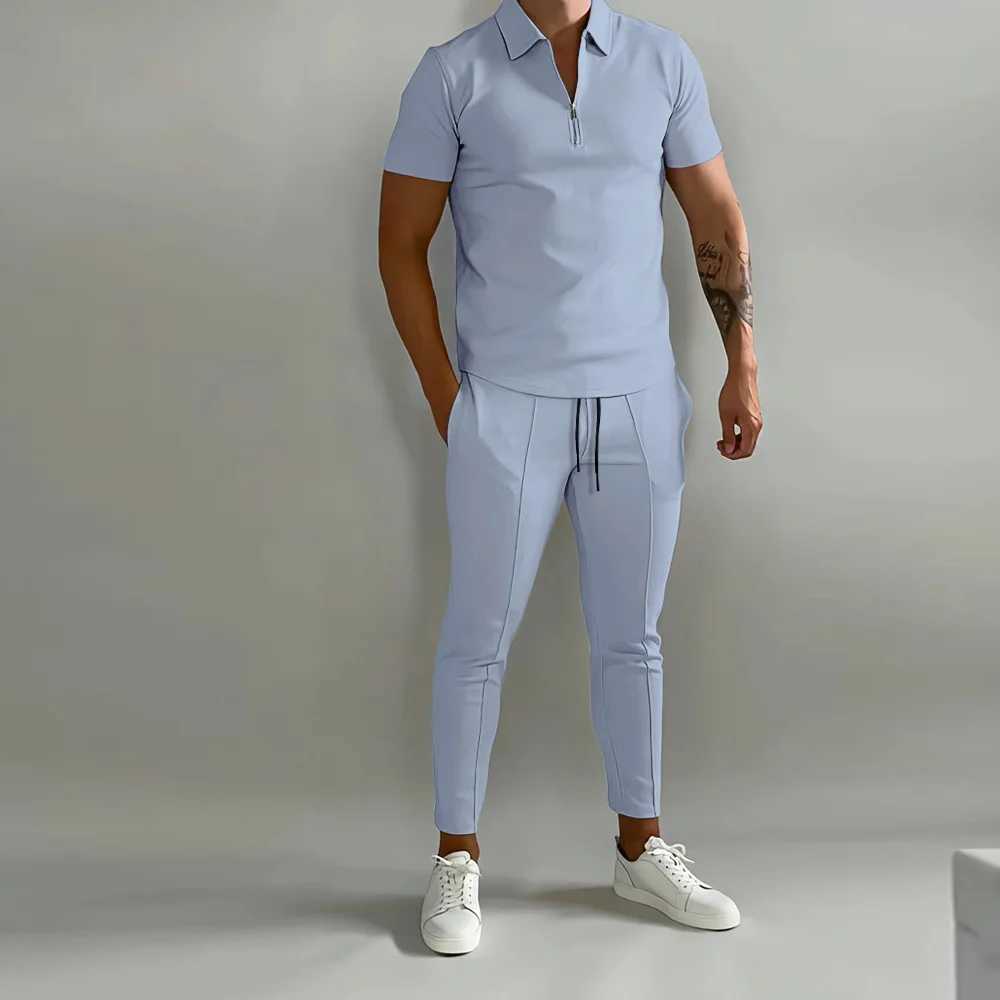 Spring/Summer New Mens Polo Shirt Short Sleeve Pants Set Solid Color Simple Fashion Lightweight Daily High Quality Mens WearXJ250412