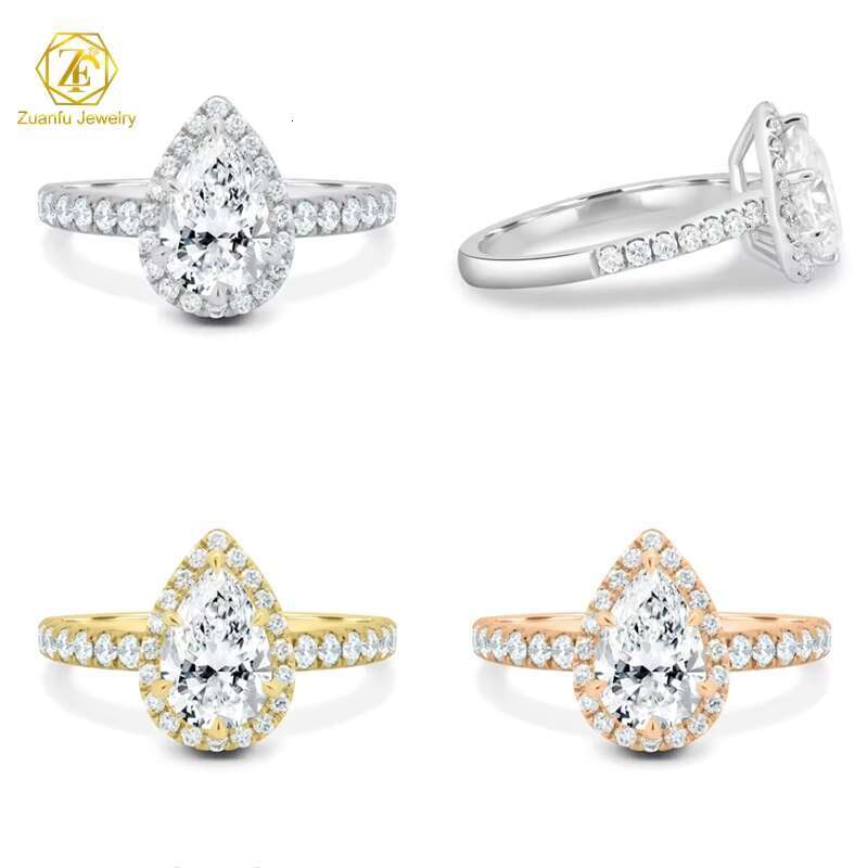 2CT Moissanite Diamond 18k Solid Gold Ring Jewelry Pear Oval Emerald Round Cut Moissanite Halo Ring with Side Stone Wedding Gift