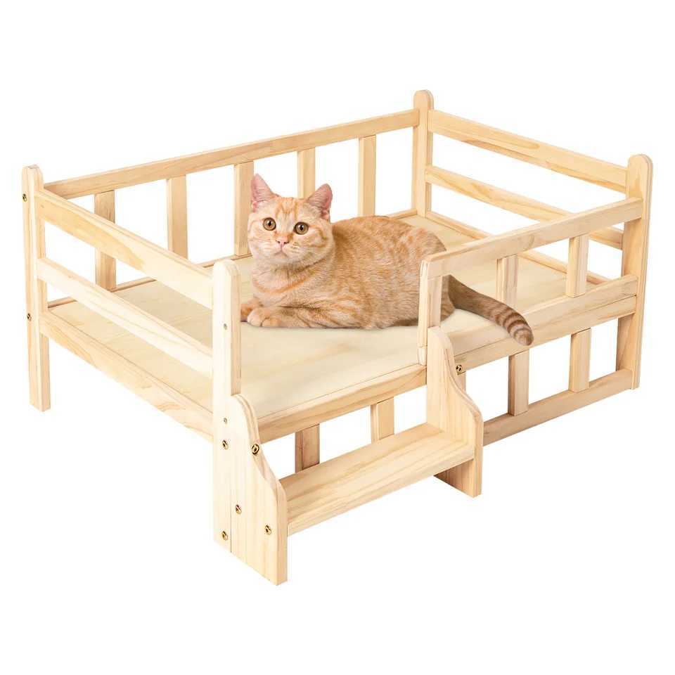 Solid wood pet bed wooden dog and cat bed frame pet furniture W/staircase+anti slip pad circular corners and edges X250412