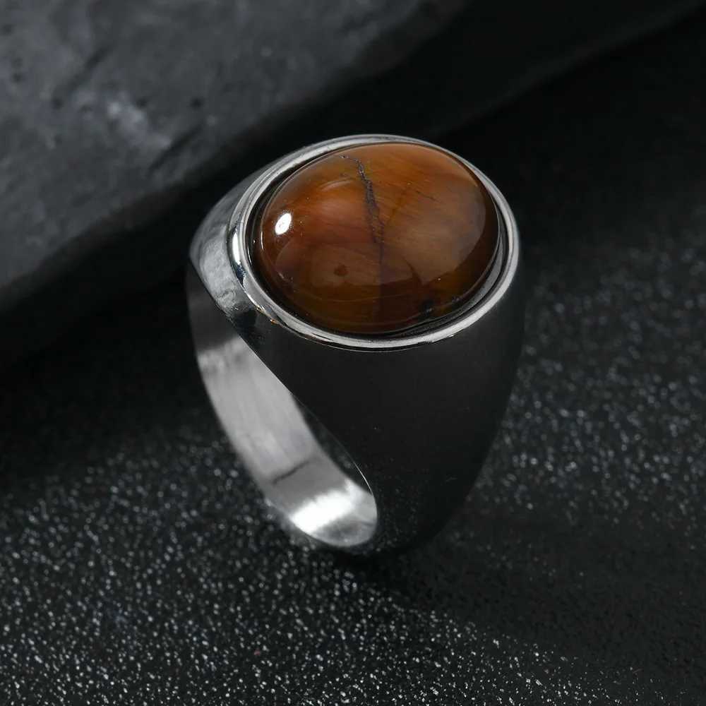 HNSP 316L stainless steel oval natural stone ring suitable for men women fingers vintage jewelry black green tiger eye stone ringsXJ250412