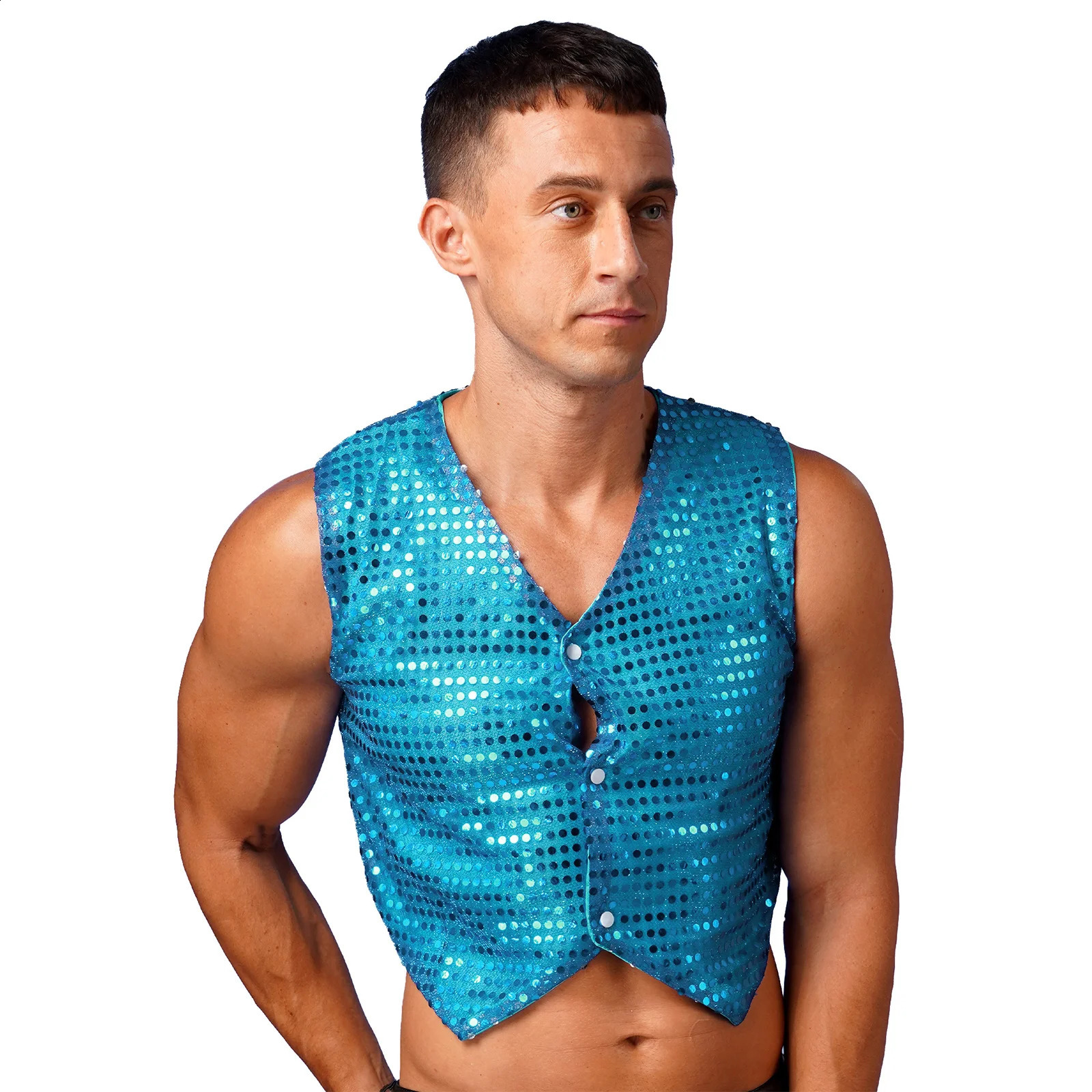 Mens Glittery Sequins Disco Rave Vest Tops Jazz Latin Modern Dance Stage Performance Costume Shiny Sequined Sleeveless Waistcoat 250407
