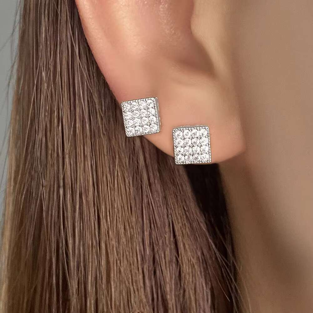 Korean square Shape Sier Zircon Cz Pave Setting Gold Plated Stud Earrings for Women