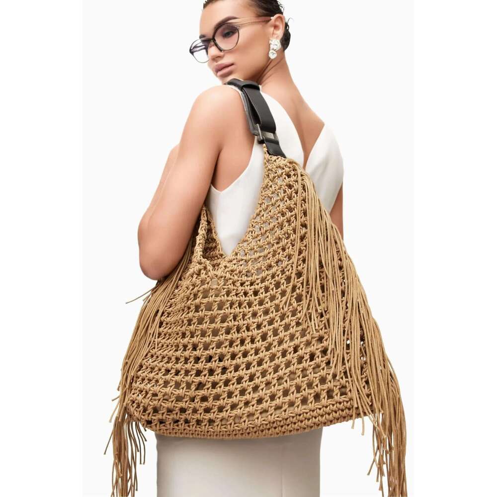 Bohemian Beach Bags For Women Designer Handbags Purses 2025 New Nylon Fabric Hollow Tassels With Inner Pocket