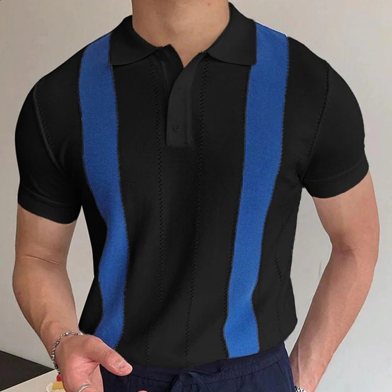 Summer clothing mens casual knitted patch work short sleeved polo shirt collar button breathable T-shirt fashionable M-3XL 250411