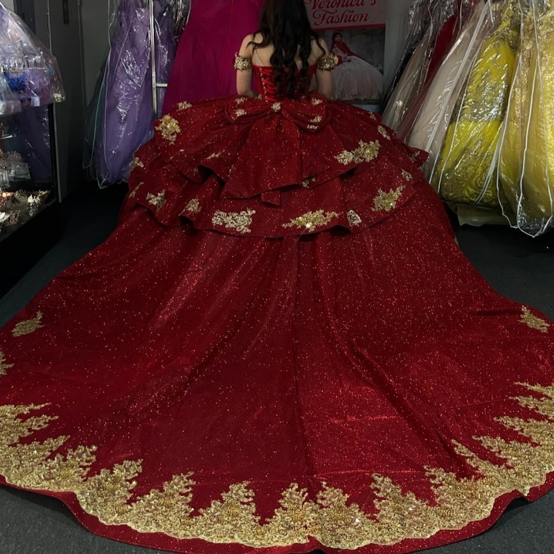 Red Shiny Princess Quinceanera Dresses Off Shoulder Beads Gold Applique Lace Bow Tull Sweet 16 Dress Ball Gown Vestidos 15 Anos