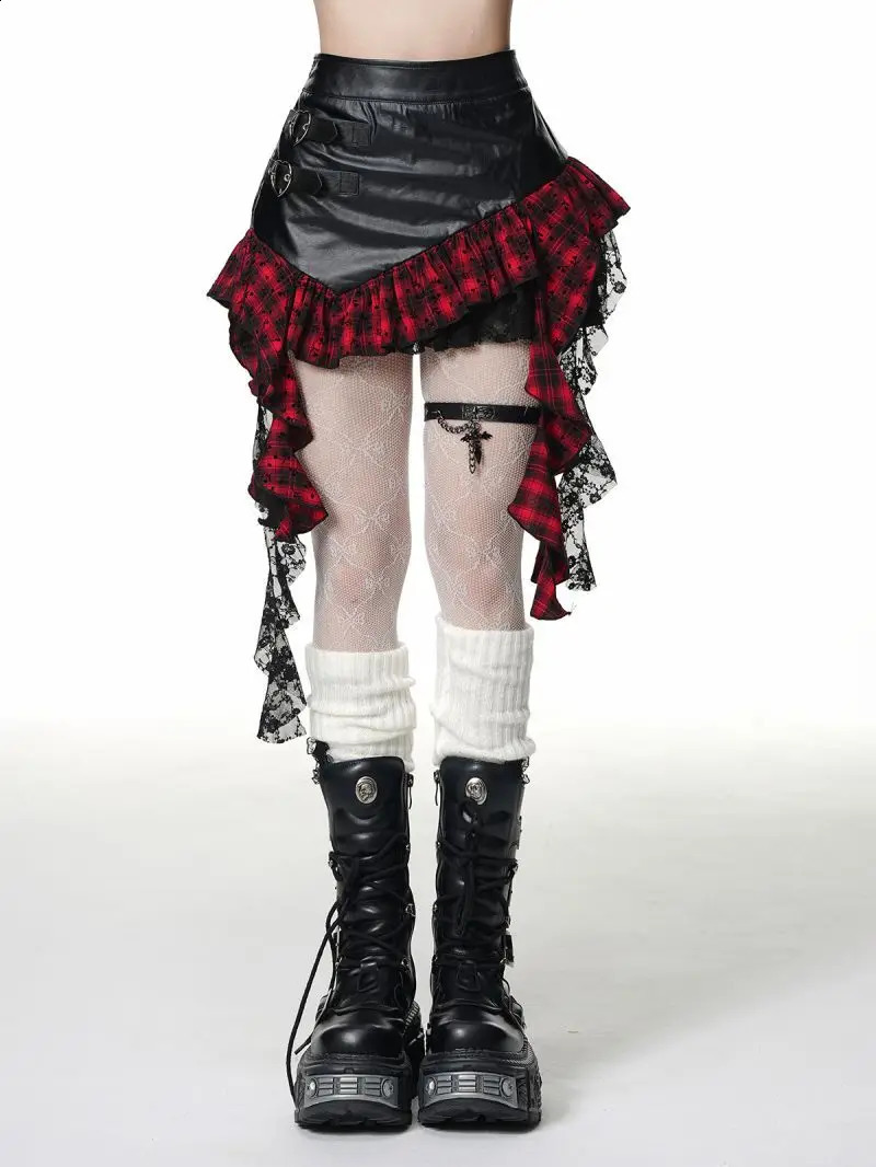 Retro Harajuku Gothic Style Leather Splicing Short Skirt for Women Y2K Lace Hem Mini Pleated Skirt Autumn Street Cool 250411