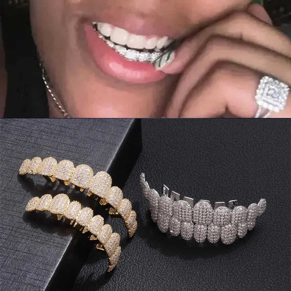Rachelz 10/10 Ice CZ Stone Teeth Grillz Top Bottom Gold Silver Zircon Tooth Hat for Womens Jewelry Party Gifts W250412