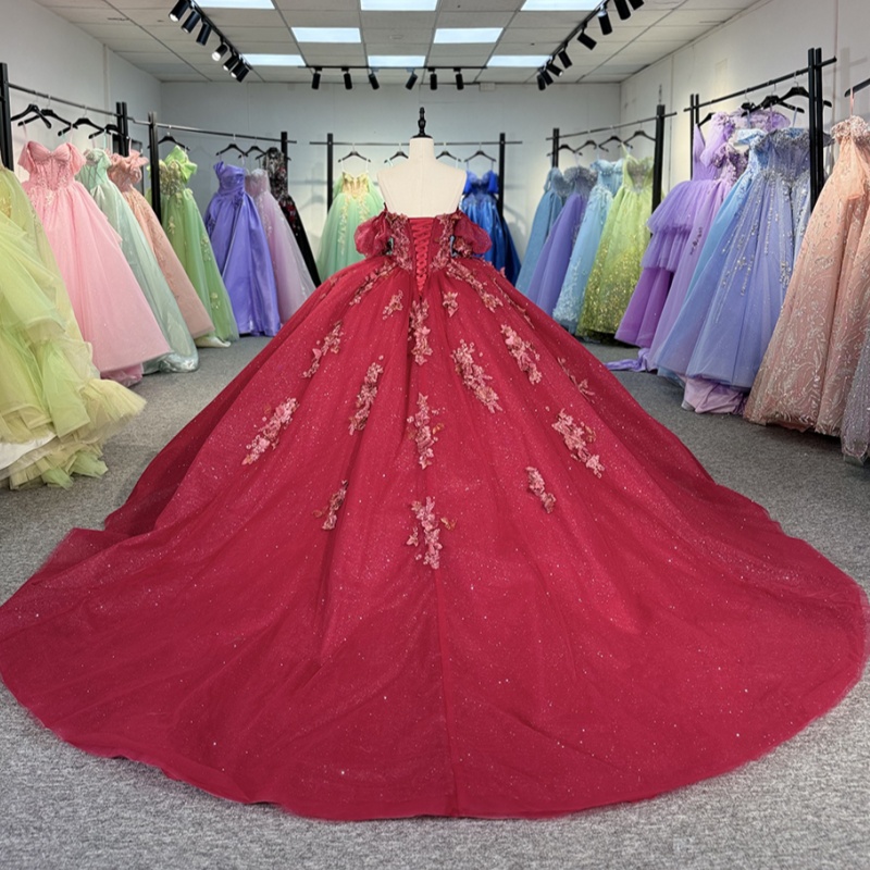 Red Shiny Princess Quinceanera Dresses Off Shoulder Beading Applique Bow Tull Sweet 16 Dress Ball Gown Vestidos 15 Anos
