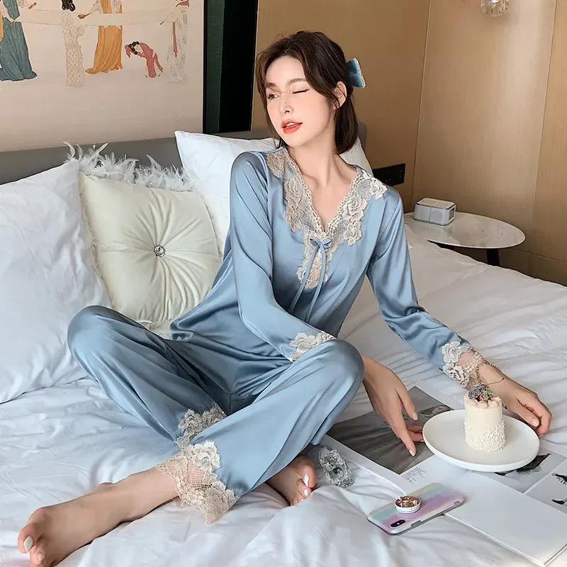 High Quality Pajamas Set Men Women Fall Summer Ice Silk Couple Sleepwear Male Female Large Size Silk Loungewear Suit 250411