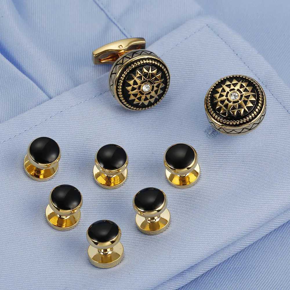 Wajila Round Cufflinks Screw Set 8pcs Black Enamel Gemelos Brass Tailcoat Collar Screw Bonito Mens Jewelry 403T250412