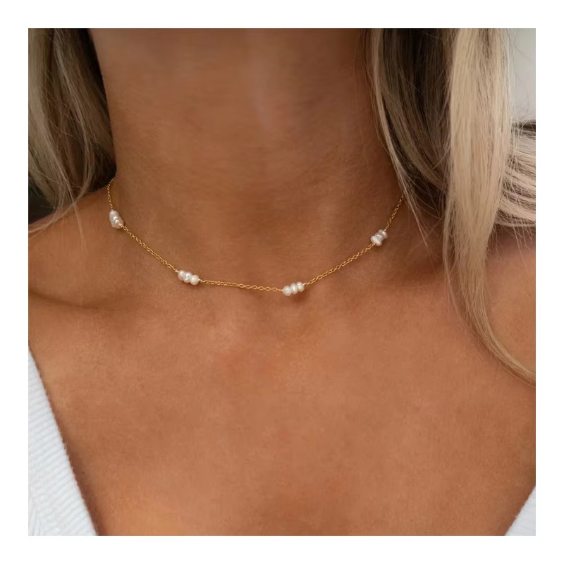 Designer Jewellery Stainless Steel Natural Freshwater Pearl Thin Clavicle Choker Necklace for Special Occasions Gift Textured Elegant Accessory