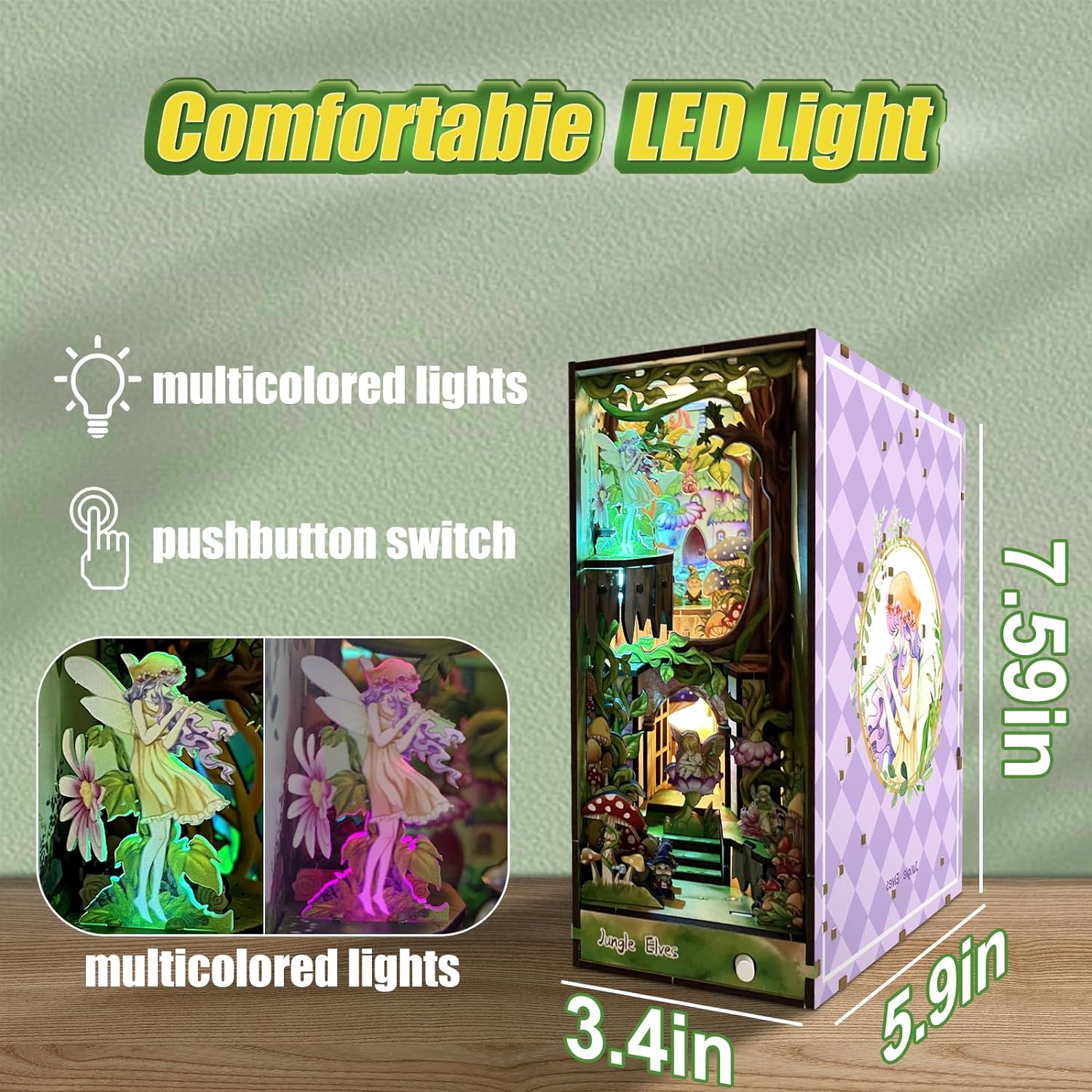 Jungle Elves & Unicorn Themed DIY Assembled Bookend, Exquisite Wooden Craft with LED Light Effect, Creative Bookshelf Insert Decor-L0319P