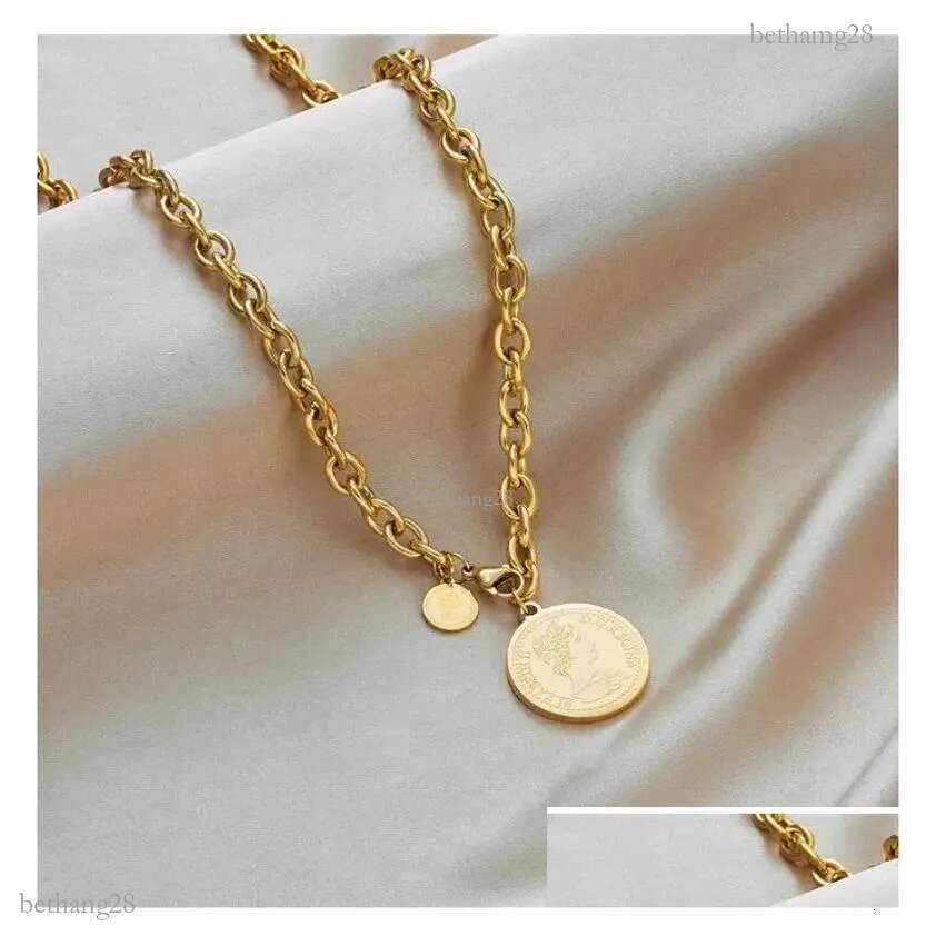 18K Gold Portrait Coin Necklace Designer Stainless Steel Chain Collar Woman Fashion Luxury Gift Drop Delivery Pendants Otzuz