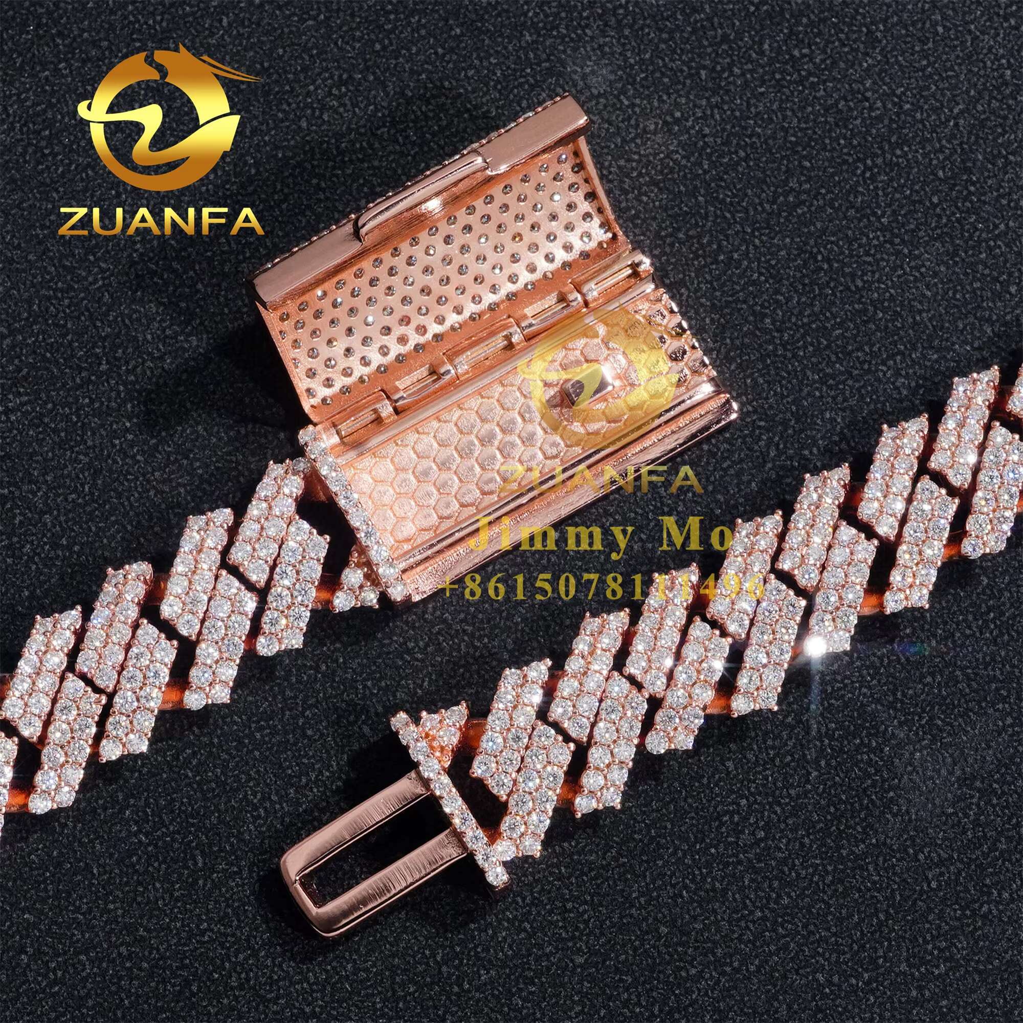 14mm Two Rows Pass Diamond Tester 925 Silver Rose Gold Plated Iced Out Hip Hop Flawless Moissanite Diamond Cuban Link Chain