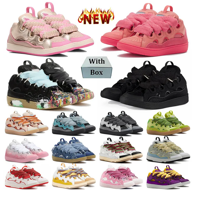 With Box Fashion Designer Leather Curb Sneakers Casual Dress Shoes Mens Womens Denim Blue Pink White Ivory Calfskin Leopard Platform Rubber Sole Trainers